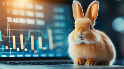 Poster - Cute rabbit on a laptop with graphs in background.