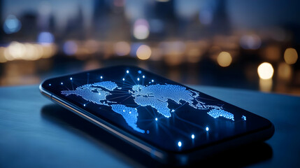 Poster - Modern smartphone displaying global map design.