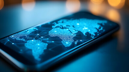 Poster - Smartphone displaying digital world map design.