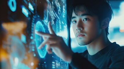 Poster - asian men using digital tablet computer analyzing and developing software on the futuristic virtual 