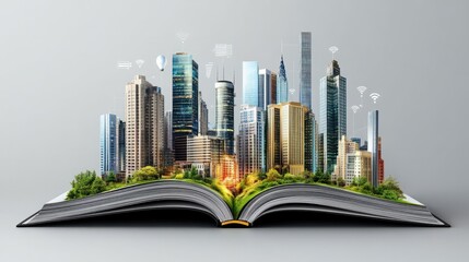 Poster - beautiful scene of modern city skyline pop up in the open book pages with smart home controlled wire