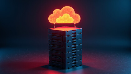 Poster - Bright red cloud symbolizing digital storage stands atop a stack of black devices in a futuristic setting