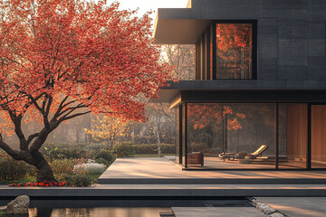 Wall Mural - Modern Autumnal Home With Red Tree And Water Feature