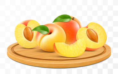 Wall Mural - ripe tasty juicy apricot on a wooden tray. whole apricot and pieces of tasty apricot on cutting boar