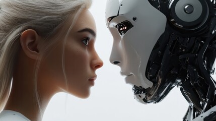 Poster - woman opposite ai. the concept of confrontation between humanity and artificial intelligence
