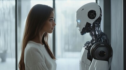 Poster - woman opposite ai. the concept of confrontation between humanity and artificial intelligence