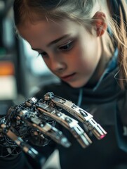 Poster - a close up shot of a young girl working on a robotic hand in a class.