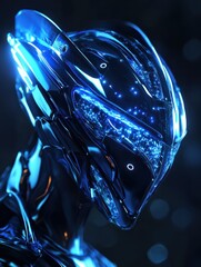 Poster - abstract blue digital robot head hologram on dark background. futuristic and technology concept. 3d 