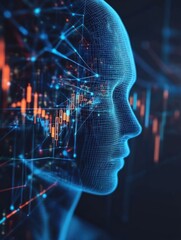 Poster - Abstract polygonal head outline on dark backdrop with blurry forex chart. AI, big data, trade and human mind concept. 3D Rendering