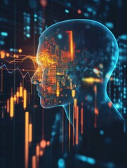 Poster - Abstract polygonal head outline on dark backdrop with blurry forex chart. AI, big data, trade and human mind concept. 3D Rendering