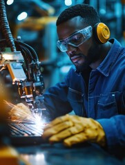 Poster - African American male engineer worker using computer notebook control automatic robotic hand machine in factory. Black male technician worker working with control automatic robot arm system welding