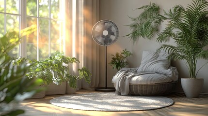 Poster - 3d of a stand fan mockup with a warm interior backdro