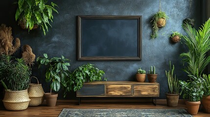 Aufkleber - 3d rendering of a mockup frame on a cabinet in the interior of a living room with a dark empty wall background