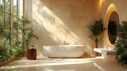 Poster - a beige marble tile wall bathroom with tropical trees and an empty brown side table next to a white bathtub in the sunlight is decorated with an elegant interior design element