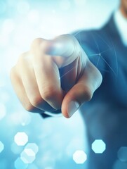 Poster - Close up of business man hand pointing at abstract glowing polygonal sphere and digital business interface on blurry blue background. Future, innovation and technology concept. Double exposure