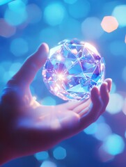 Poster - Close up of business man hand pointing at abstract glowing polygonal sphere and digital business interface on blurry blue background. Future, innovation and technology concept. Double exposure