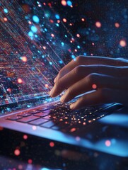 Poster - close up of hands using laptop on creative big data flow background. technology, cyberspace, science