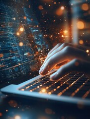 Poster - close up of hands using laptop with abstract glowing ai chip on blurry background. artificial intell
