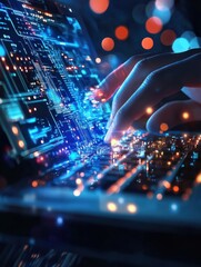 Poster - close up of hands using laptop with abstract glowing ai chip on blurry background. artificial intell