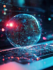 Poster - close up of laptop with abstract glowing ai sphere on blurry background. artificial intelligence and