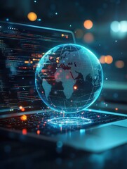 Poster - close up of laptop with abstract glowing ai sphere on blurry background. artificial intelligence and