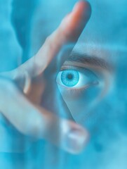 Poster - close up of man hand pointing at creative online banking hologram on blue blurry background. ai and 