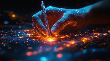 Aufkleber - a hand clutching a pen triangles low polygon lines and particle style designs geometric abstract wireframe structure for connecting light