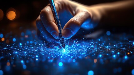Aufkleber - a hand clutching a pen triangles low polygon lines and particle style designs geometric abstract wireframe structure for connecting light