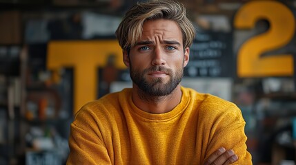 Poster - a magazine cover minimalist photo a man of 25 years old wearing sweatshirt question symbol question gesture worried face expression solid color background arri style clean backgroun