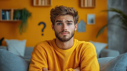 Poster - a magazine cover minimalist photo a man of 25 years old wearing sweatshirt question symbol question gesture worried face expression solid color background arri style clean backgroun