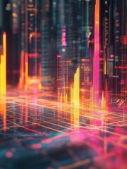 Poster - Glowing stock chart with candlestick and big data index grid. Trading and finance concept. 3D Rendering