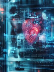 Poster - glowing cardiovascular medical hud screen on blurry hospital interior background. online medicine, c