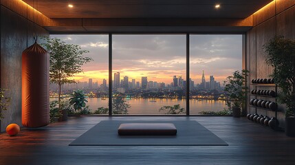 Poster - a minimalist home gym featuring a punching bag yoga mat with balls and dumbbell rack fitness center or sports area featuring a panoramic view of bangkok skyscrapers 3d rendering