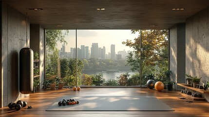 Aufkleber - a minimalist home gym featuring a punching bag yoga mat with balls and dumbbell rack fitness center or sports area featuring a panoramic view of bangkok skyscrapers 3d rendering