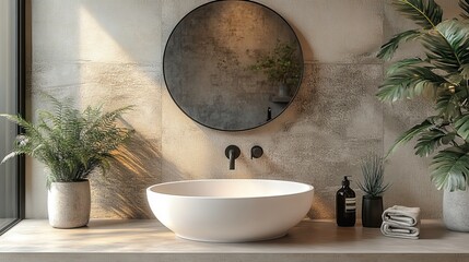 Poster - a modern luxurious bathroom features an oval sink an oval mirror hanging on a beige wall and black bathroom fixtures 3d rendering