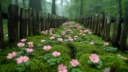 Poster - a natural setting with a rustic fence and delicate flowers surrounded by mossy ground