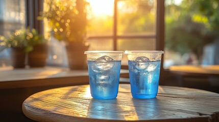 Poster - a plastic water cup on a circular wooden tabl
