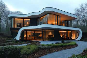 Wall Mural - Modern Curvilinear House Illuminated At Dusk