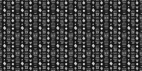 Fototapete - Seamless black code pattern with numbers and geometric letter design for a vintage textile backdrop