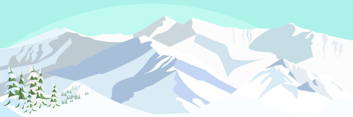 Winter mountains landscape. Nature scene with snowy hills and blue sky. cartoon vector background for ski resort, park, hotel, touristic agency.