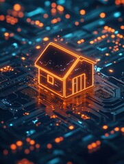 Poster - smart system management and smart home technologies concept with glowing digital home icon surrounde