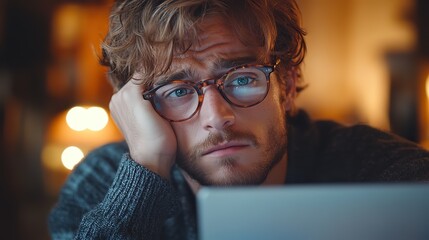 Poster - a weary young man with a headache and blurry vision sits at his kitchen table using a laptop he strains to hold his glasses in place and rubs his dry irritated eyes from computer wor