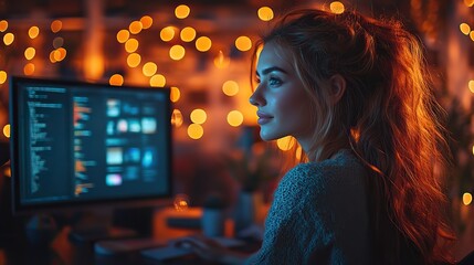 Poster - a young caucasian woman is working on a green screen chroma key desktop computer at her night office coders typing code developing contemporary software designing e commerce application