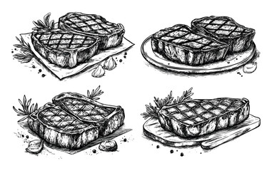 Engraving meat. Delicious fried bbq steak with salt and spices on wooden desk plate and paper, retro ink sketch monochrome hand drawn isolated vectors on white background