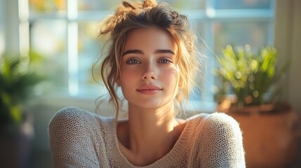 Poster - a young woman in a serene moment of personal devotion sitting near a window with natural light
