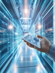 Poster - young technician man working with tablet inside big data center room - focus on right hand holding t