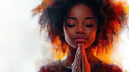 Poster - african woman praying in front of a white background watercolor painting style