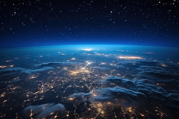 Wall Mural - Futuristic city aerial view at night. Structure of sci-fi metropolis with neon lights from the bird view