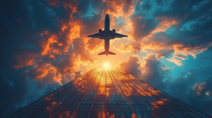 Poster - airplane flies over office buildings against a time lapse cloud