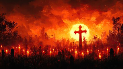 Aufkleber - all souls day cross with burning candles in the cemetery digital illustration
